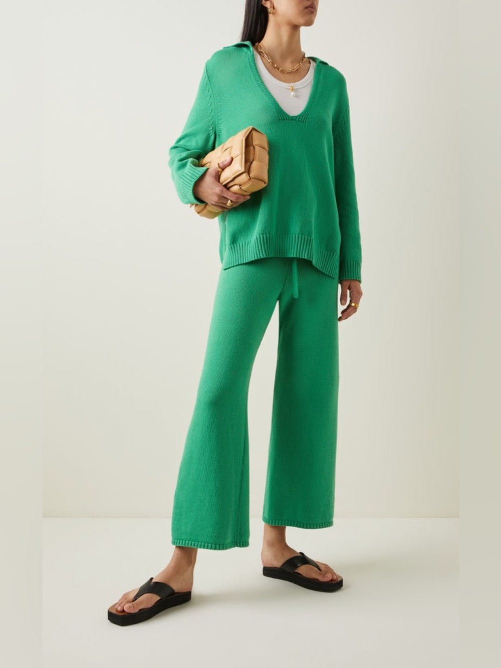 LESET May V-Neck Polo Knit Sweater Wide Leg Pants Set Green Small